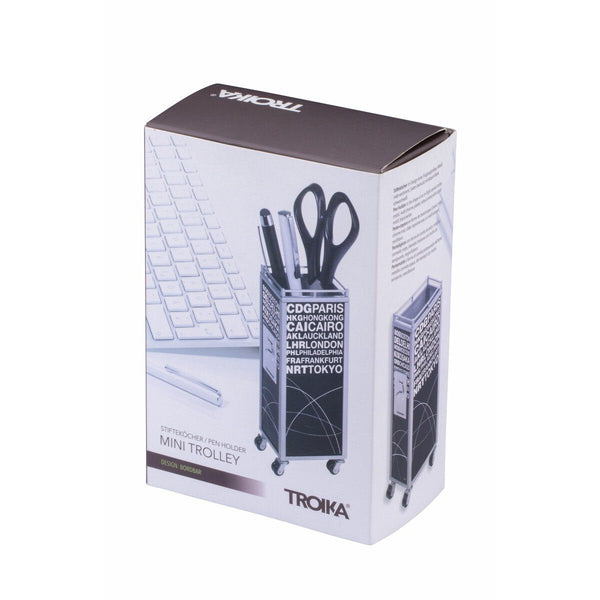 Troika Mini Trolley Pen Holder - Metal In-Flight Service Cart Replica With Moving Wheels, Airport Motif