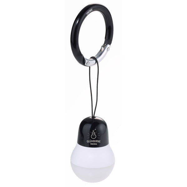 Troika Bag Light LED Keychain Lightbulb in black. Item  TOR22/BK, Showing hanging