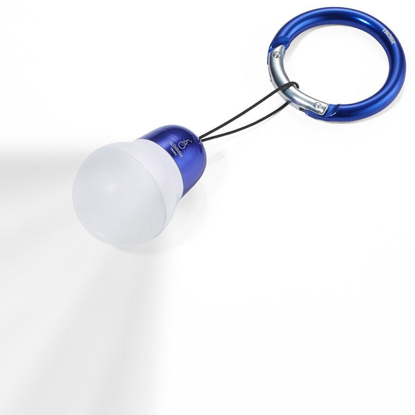Troika Bag Light LED Keychain Lightbulb in blue. Item  TOR22/DB, Showing Light on