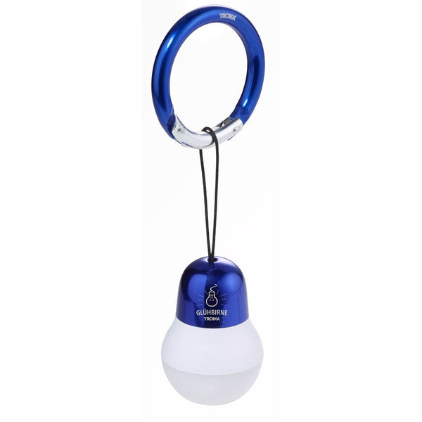 Troika Bag Light LED Keychain Lightbulb in blue. Item  TOR22/DB, Showing hanging