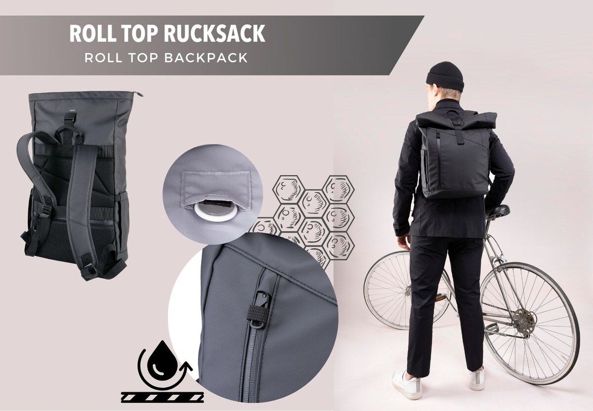 bike laptop backpacks Troika Black Roll Top Laptop Backpack with Metal Buckle Closure