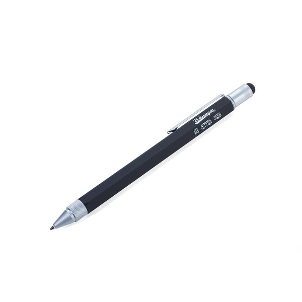 Troika Construction Pen VW T1 Camper Tire Profile Set-Showing black Construction Pen with Vintage Volkswagen Logo and VW T1 Camper line drawings