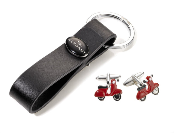 Troika Cufflink Set Red Classic Italian Scooter With Leather Keychain