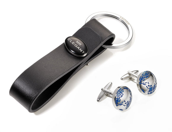 Troika Cufflink Set World Map with Leather Keychain