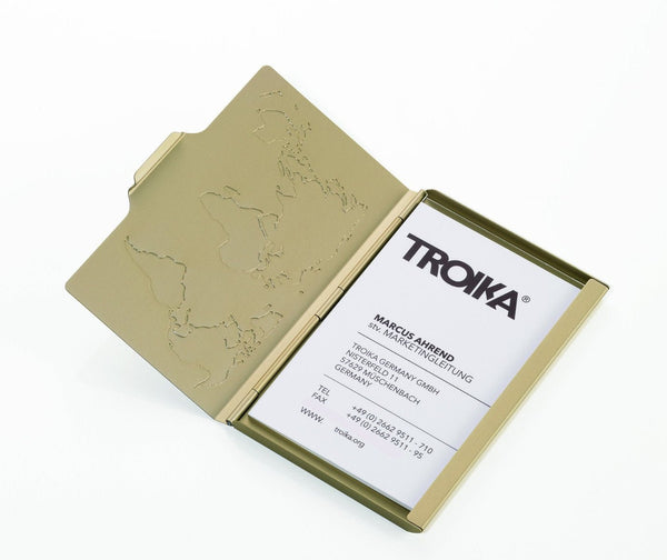 Troika Global Contacts Thin Business Card Case (Gold) with lid open and business card, CDC15-02/GO