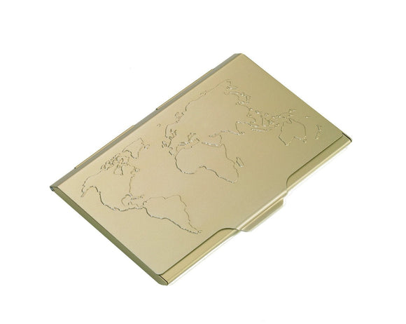 Troika Global Contacts Thin Business Card Case (Gold) with embossed world map on lid, CDC15-02/GO