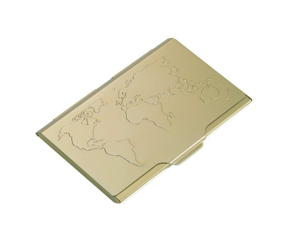 Troika Global Contacts Thin Business Card Case (Gold) with embossed world map on lid, CDC15-02/GO