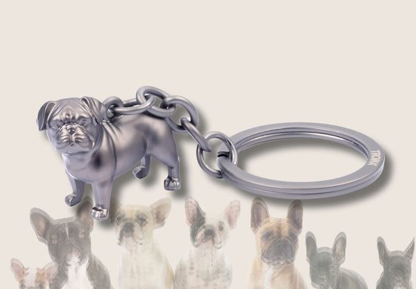 Troika Keychain with 3D Pug Charm with Gun-metal Finish