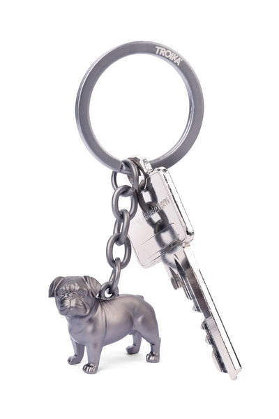 Troika Keychain with 3D Pug Charm with Gun-metal Finish