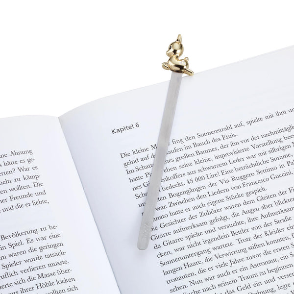 Troika gold Fawn Charm Bookmark BKM26/GO on a page