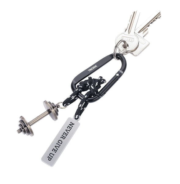 Troika NEVER GIVE UP Carabiner Work-Out Keychain with Dumbbell & Tag Charms