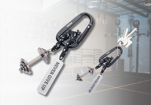 Troika NEVER GIVE UP Carabiner Work-Out Keychain with Dumbbell & Tag Charms
