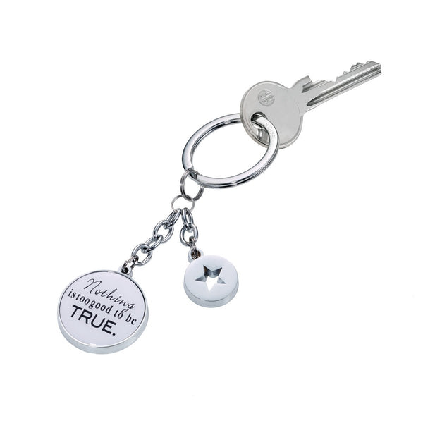 Troika Nothing Is Too Good To Be True Charm Keychain White and Chrome