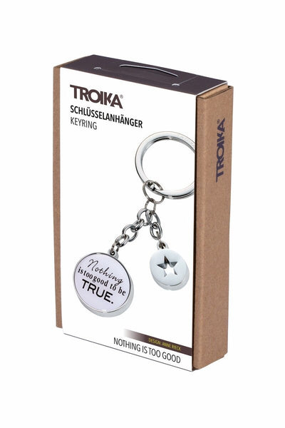 Troika Nothing Is Too Good To Be True Charm Keychain White and Chrome