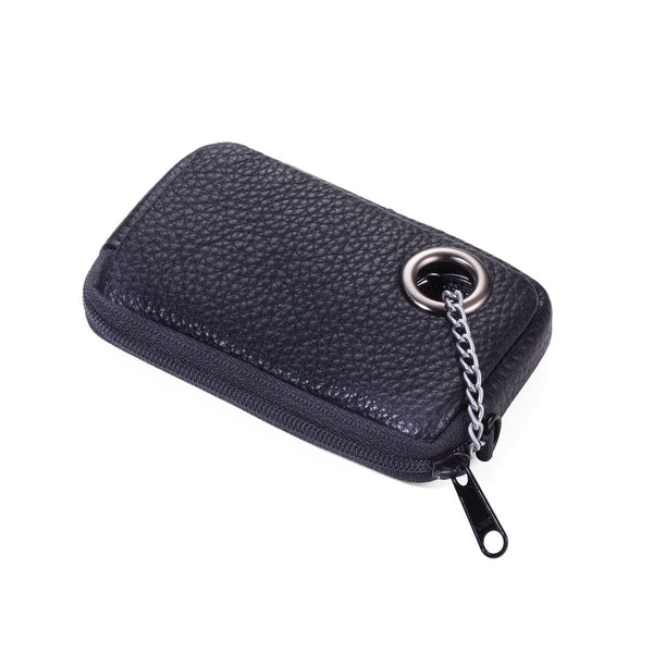 Troika Schlussel Loch Keychain with Zipper Coin Pouch in Black Leather Shown with keys inside the change pouch 