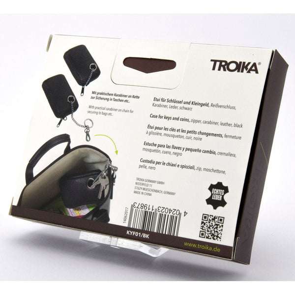 Troika Schlussel Loch Keychain with Zipper Coin Pouch in Black Leather Shown back of packaging
