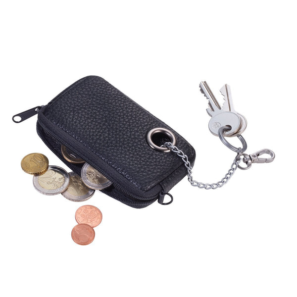 Troika Schlussel Loch Keychain with Zipper Coin Pouch in Black Leather Shown with keys and change