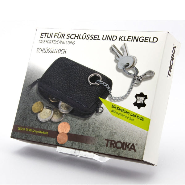 Troika Schlussel Loch Keychain with Zipper Coin Pouch in Black Leather Shown with packaging