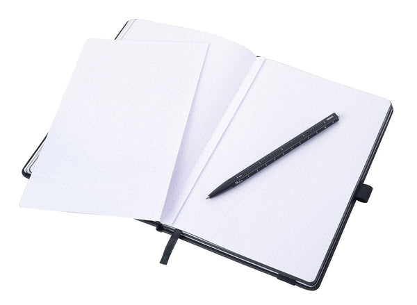 Open Troika A5 notebook with a Troika pen showing perforated pages