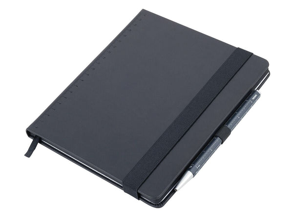 Black Troika A5 notebook with a blue Troika Basic Construction Ballpoint Pen on a white background