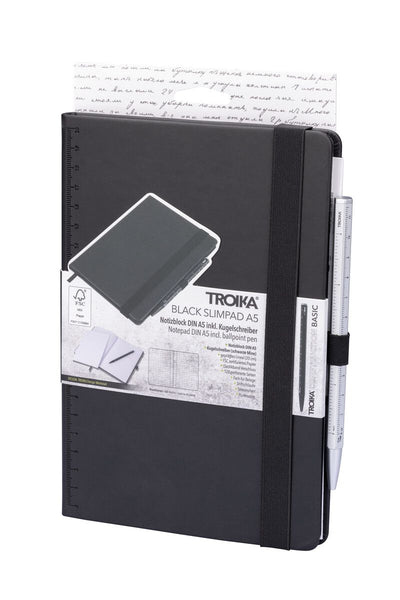 Black Troika A5 notebook with Troika silver ballpoint pen set in packaging
