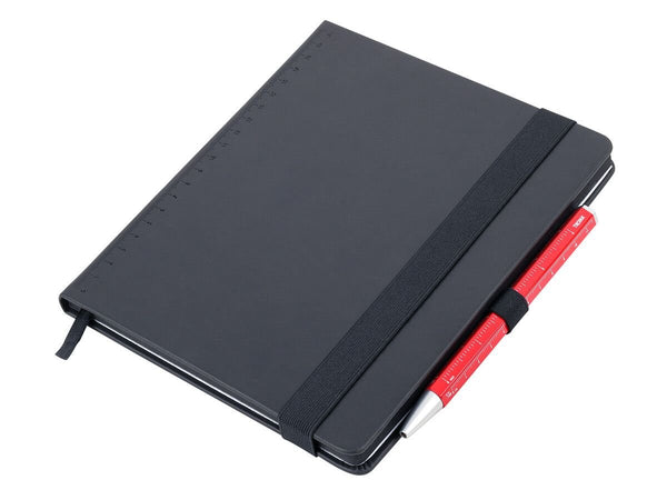 Black Troika A5 notebook with a red Troika Basic Construction Ballpoint Pen on a white background