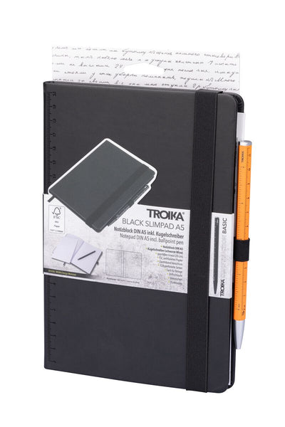 Black Troika A5 notebook with Troika yellow ballpoint pen set in packaging