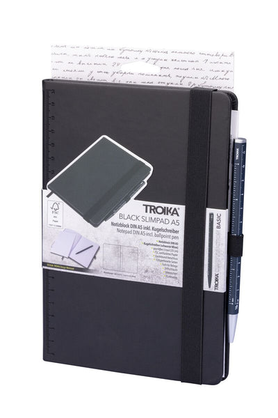 Black Troika A5 notebook with Troika blue ballpoint pen set in packaging