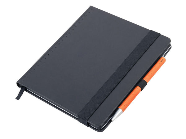 Black Troika A5 notebook with a neon orange Troika Basic Construction Ballpoint Pen on a white background