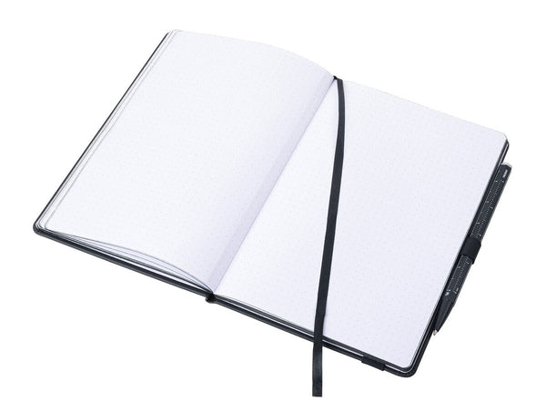 Open Troika A5 notebook with black binding showing ribbon page marker pen and pen loop