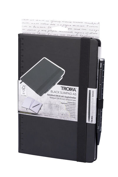 Black Troika A5 notebook with Troika black ballpoint pen set in packaging