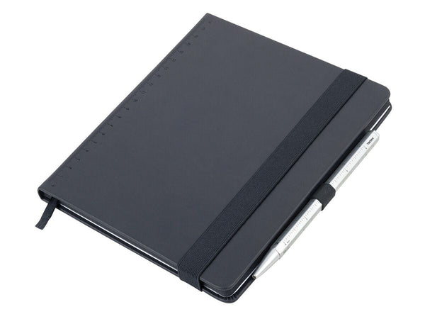 Black Troika A5 notebook with a silver Troika Basic Construction Ballpoint Pen on a white background