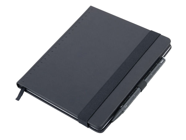 Black Troika A5 notebook with a black Troika Basic Construction Ballpoint Pen on a white background