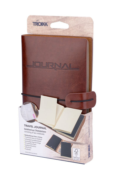 Brown TROIKA travel journal with strap in packaging on a white background