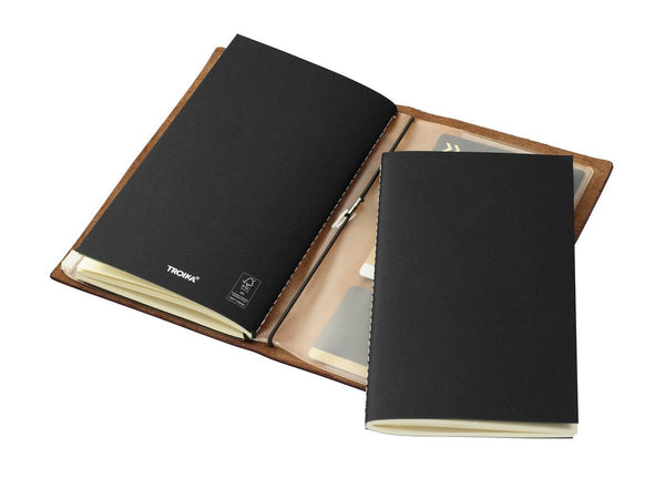 TROIKA refillable notebook with leather cover on a white background