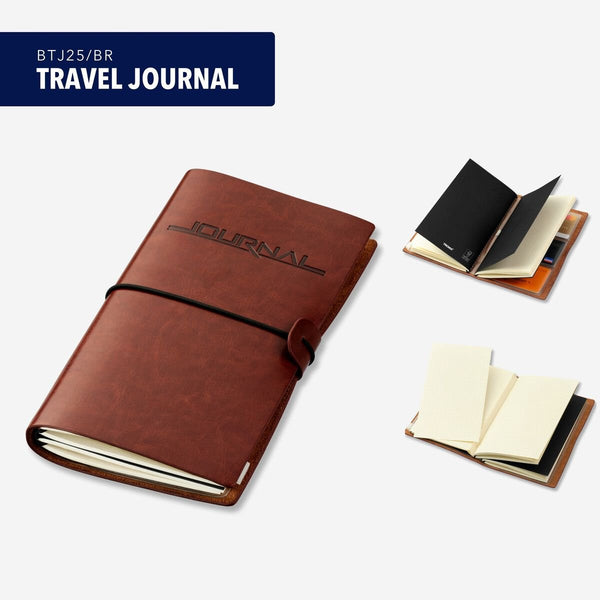 Brown TROIKA travel journal with 'JOURNAL' embossed on it, shown closed and open on a white background.