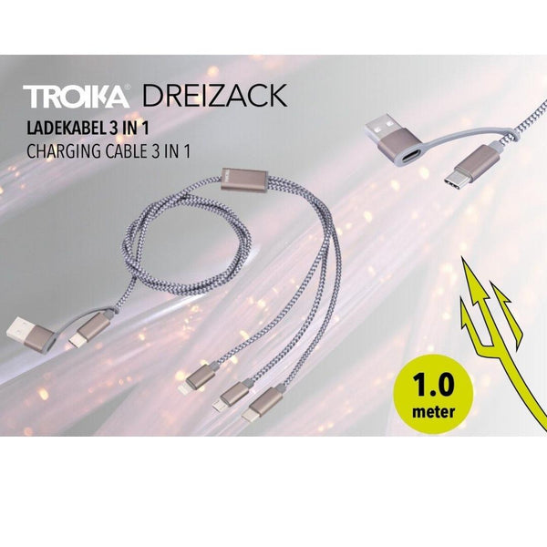 Troika Trident 3 in 1 USB Charging Cable USB, USB C and Lightening Cable