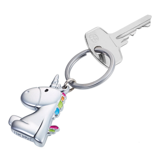 Troika Unicorn Charm Keychain Cast Metal with Rainbow Enamel, Shown with key on  Split Ring