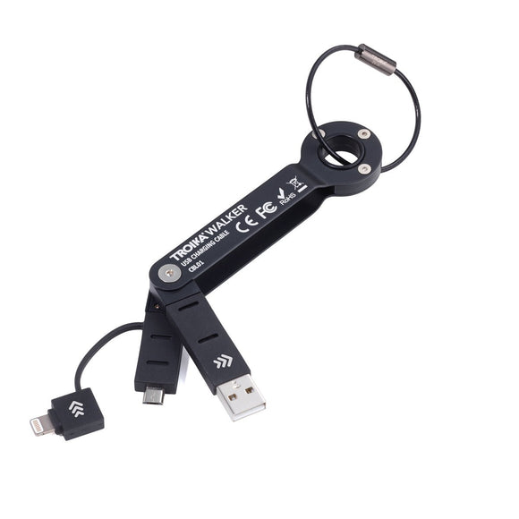 Troika Walker Charging and Data Transfer Cable Black showing USB, Micro USB and Lightening Transfer adapter