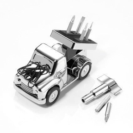 Troika Walton Truck Paperweight and Tool Set with drill bits taken out of holder, GAM81/CH