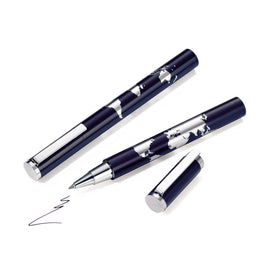 Troika World in Your Hand Rollerball Pen in Navy Blue with Chrome Showing with and without Screw on Cap.